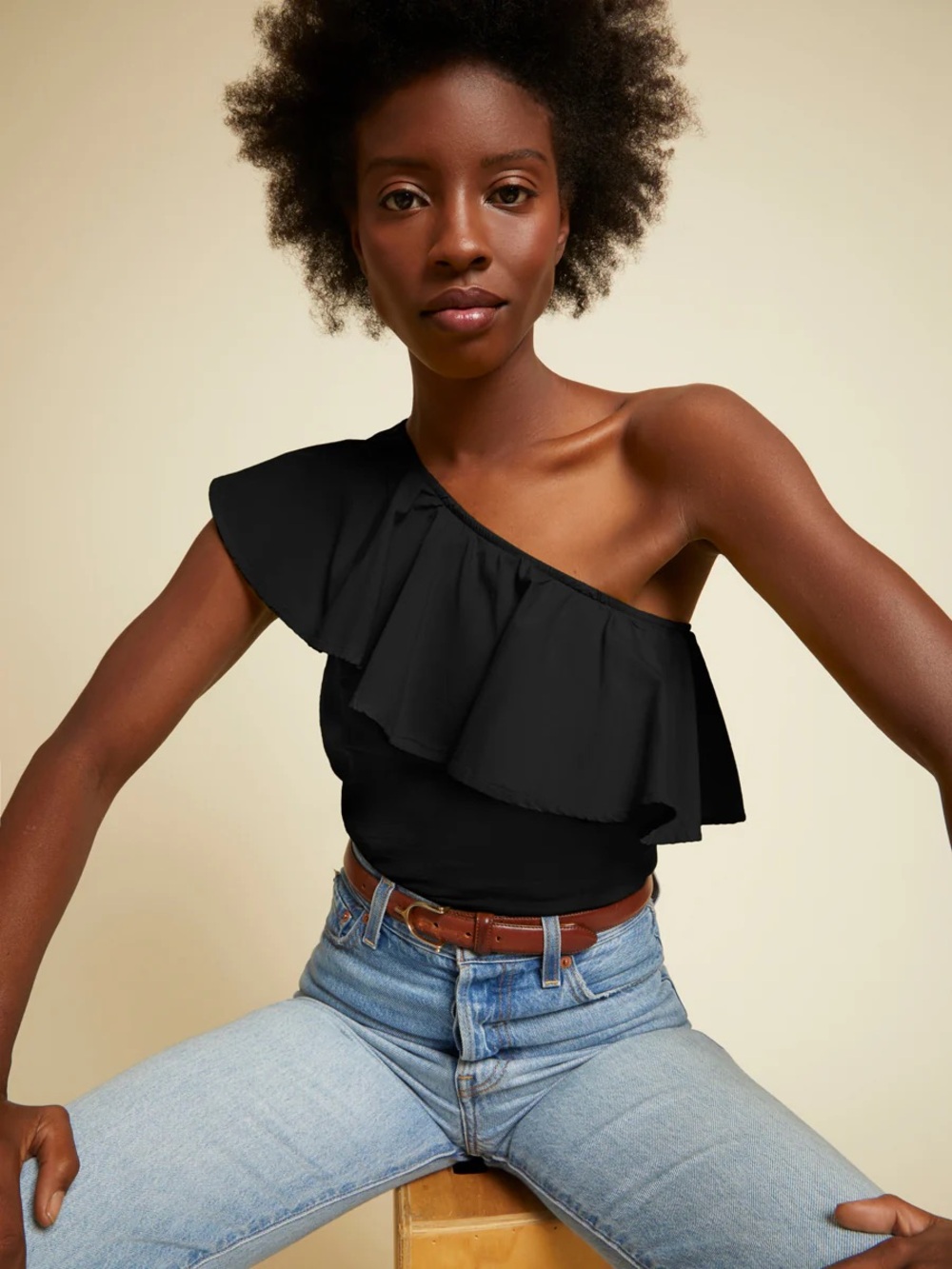 Nation LTD - Noella Ruffle One Shoulder in Jet Black size xs
